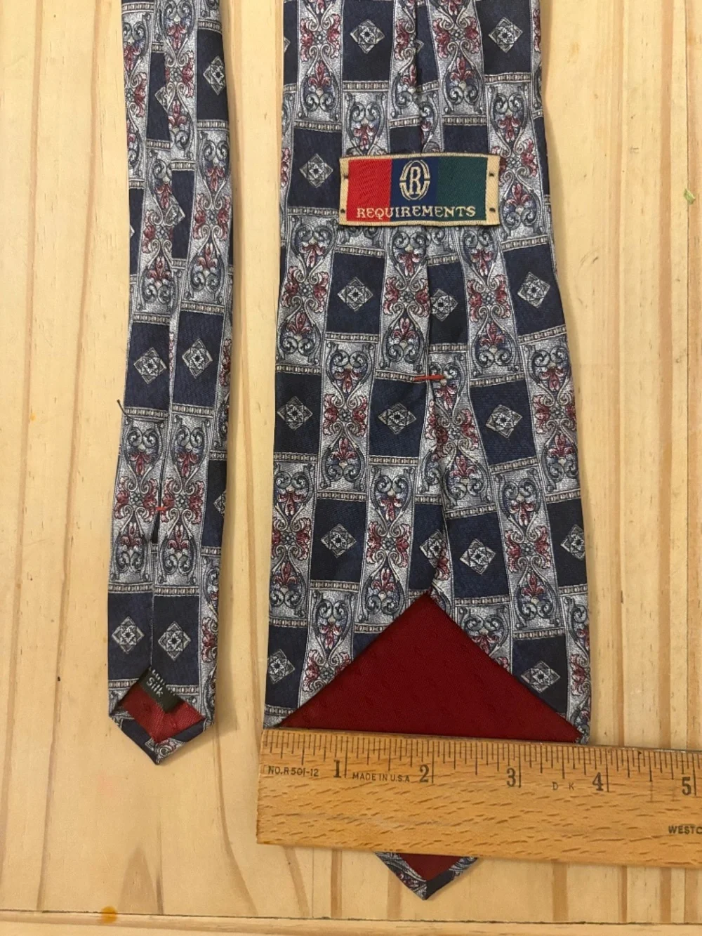 Requirements Vintage Silk Tie Geometric Medallion Navy Burgundy Made in USA